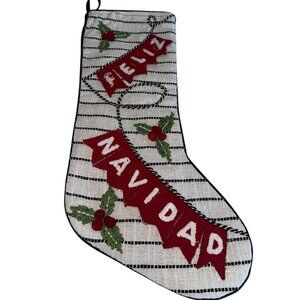 Max Studio Home Feliz Navidad Stocking Holiday Embroidered Appliqué 3D White Red